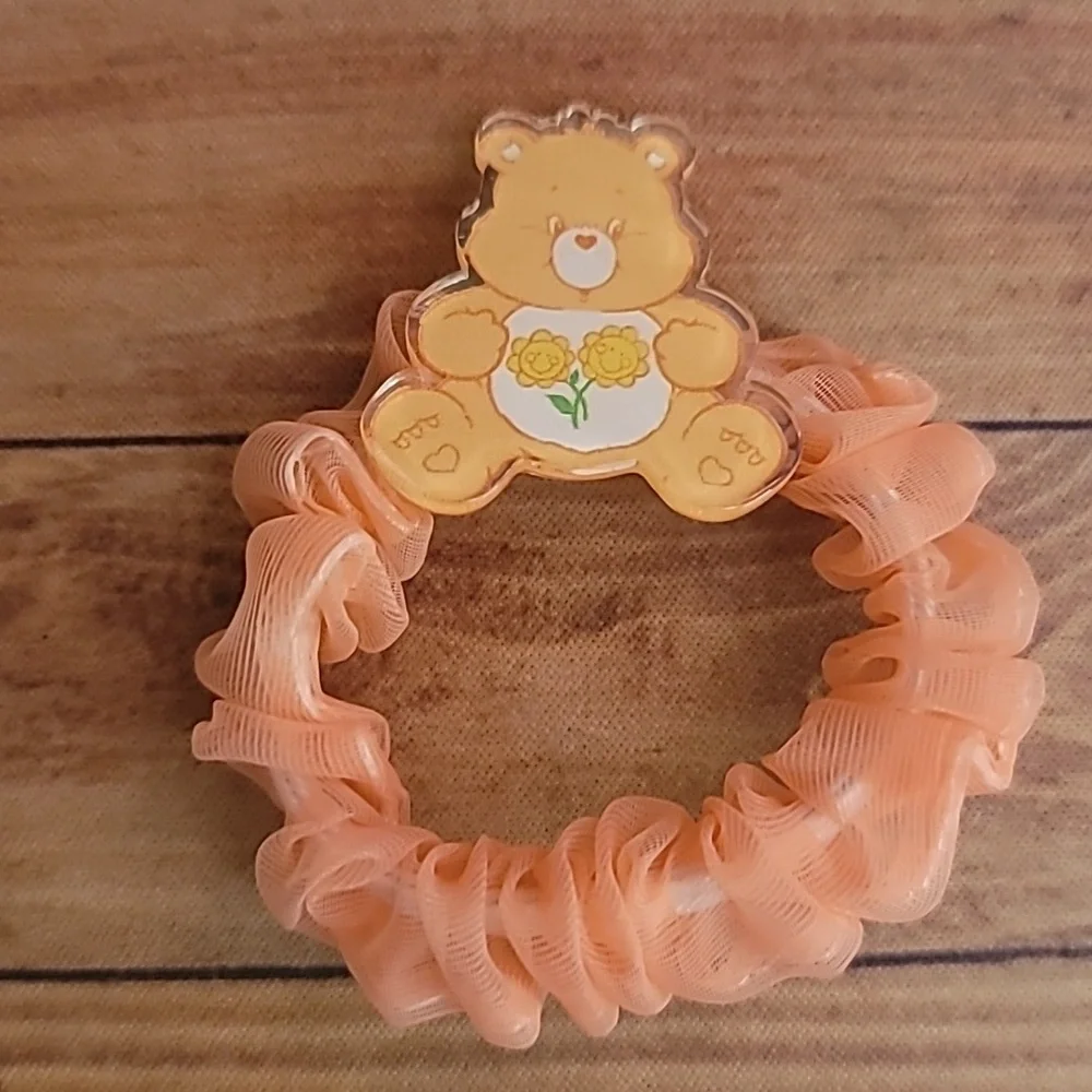 Bears Acrylic Peach and Teal Tulle Fabric Elastic Girl's Hair Crunchies